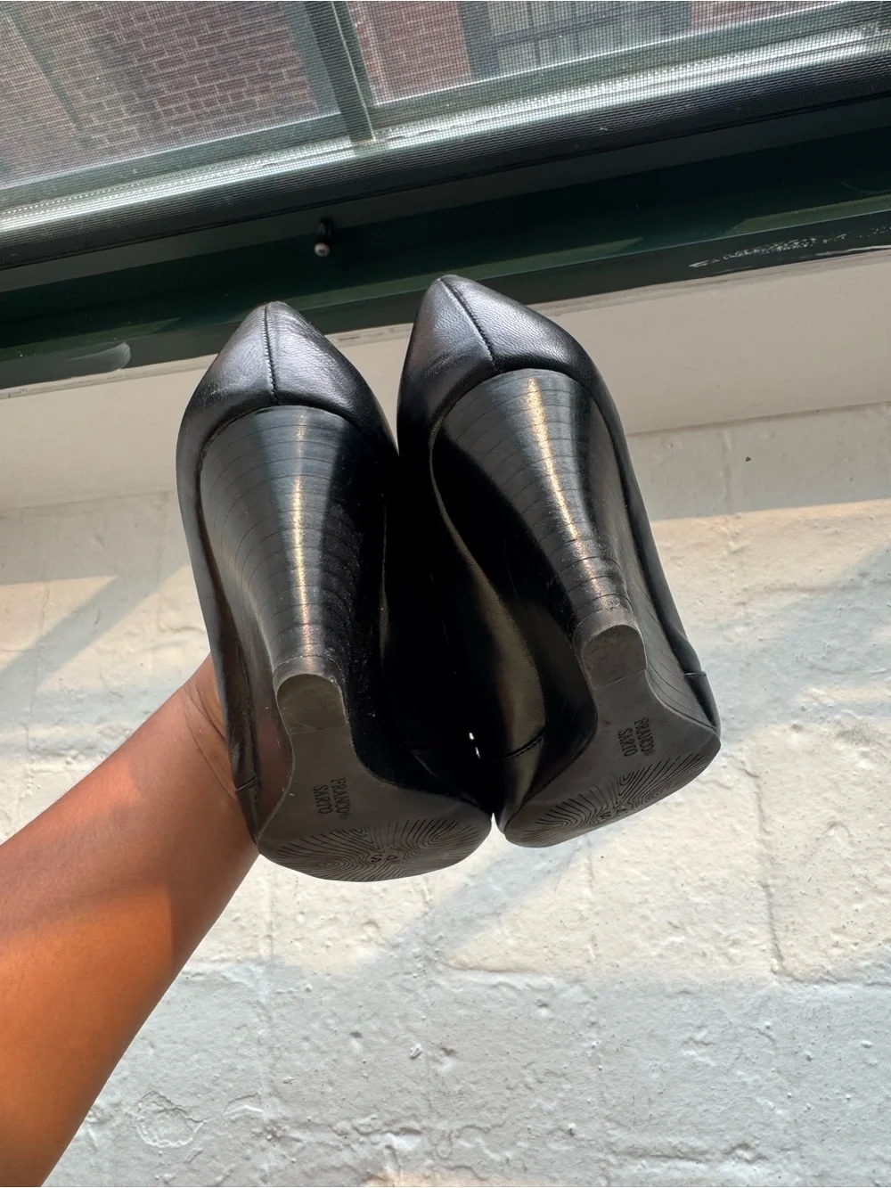 Franco Sarto ‘Frankie’ Black Leather Pointed-Toe Wedge Pumps